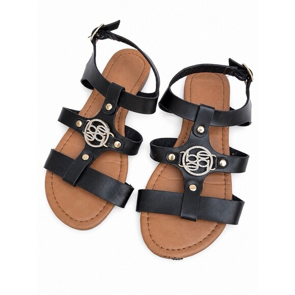bebe Other - bebe Girls Size 2 Black Gladiator Sandals Rhinestone Logo Ankle Strap Gold Studs